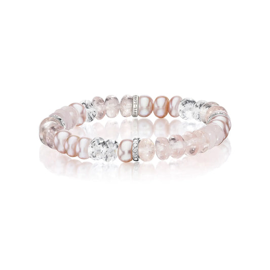 18K Pink Mix Gemstone Beaded Bracelet with 3 Diamond Rondelles - 8mm