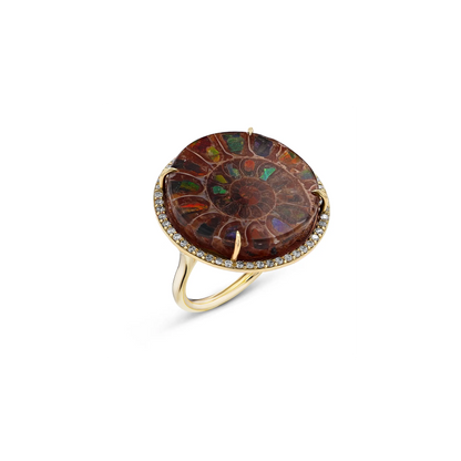 18K Round Ammonite & Diamond Cathedral Ring