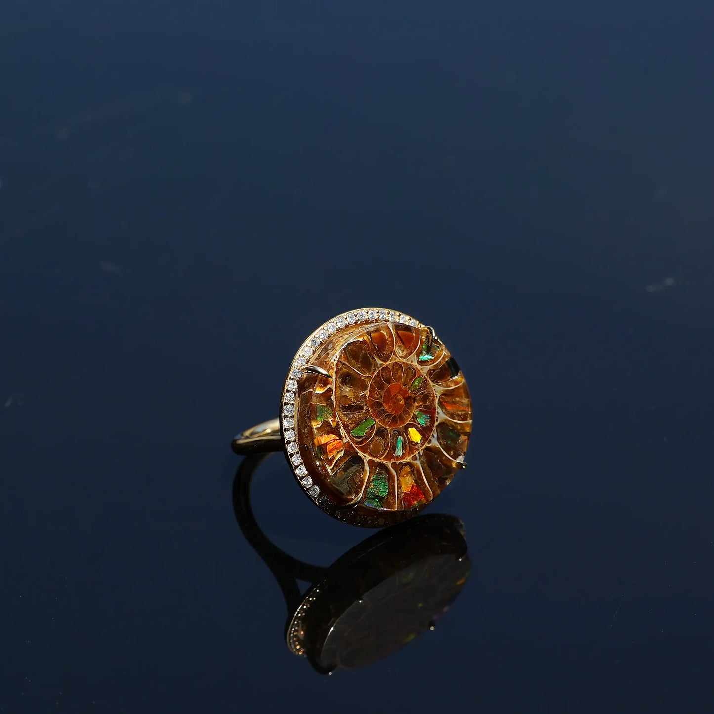 18K Round Ammonite & Diamond Cathedral Ring