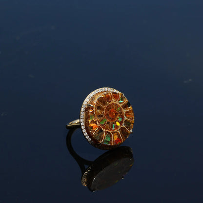 18K Round Ammonite & Diamond Cathedral Ring