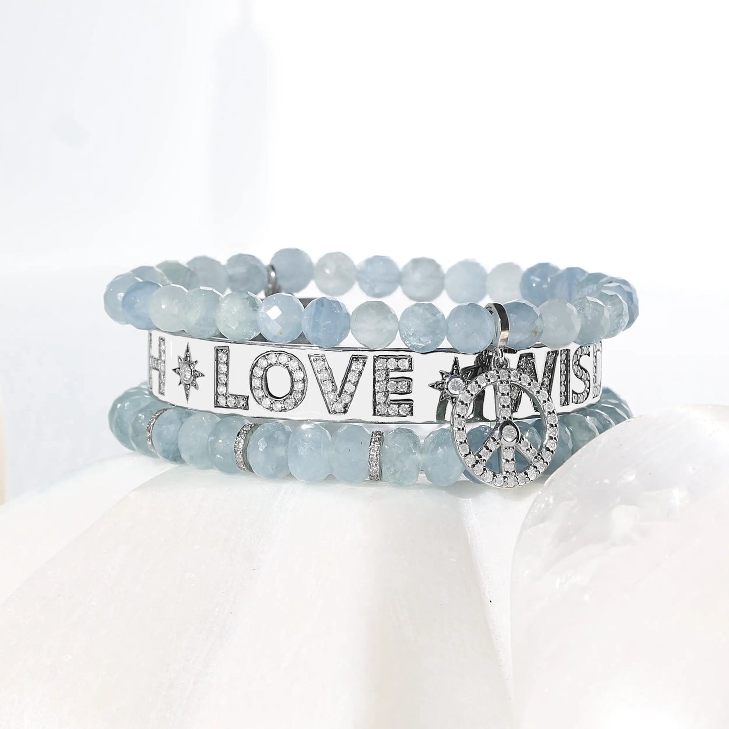 18K Aquamarine Bracelet with Diamond Peace Sign Charm - 6mm