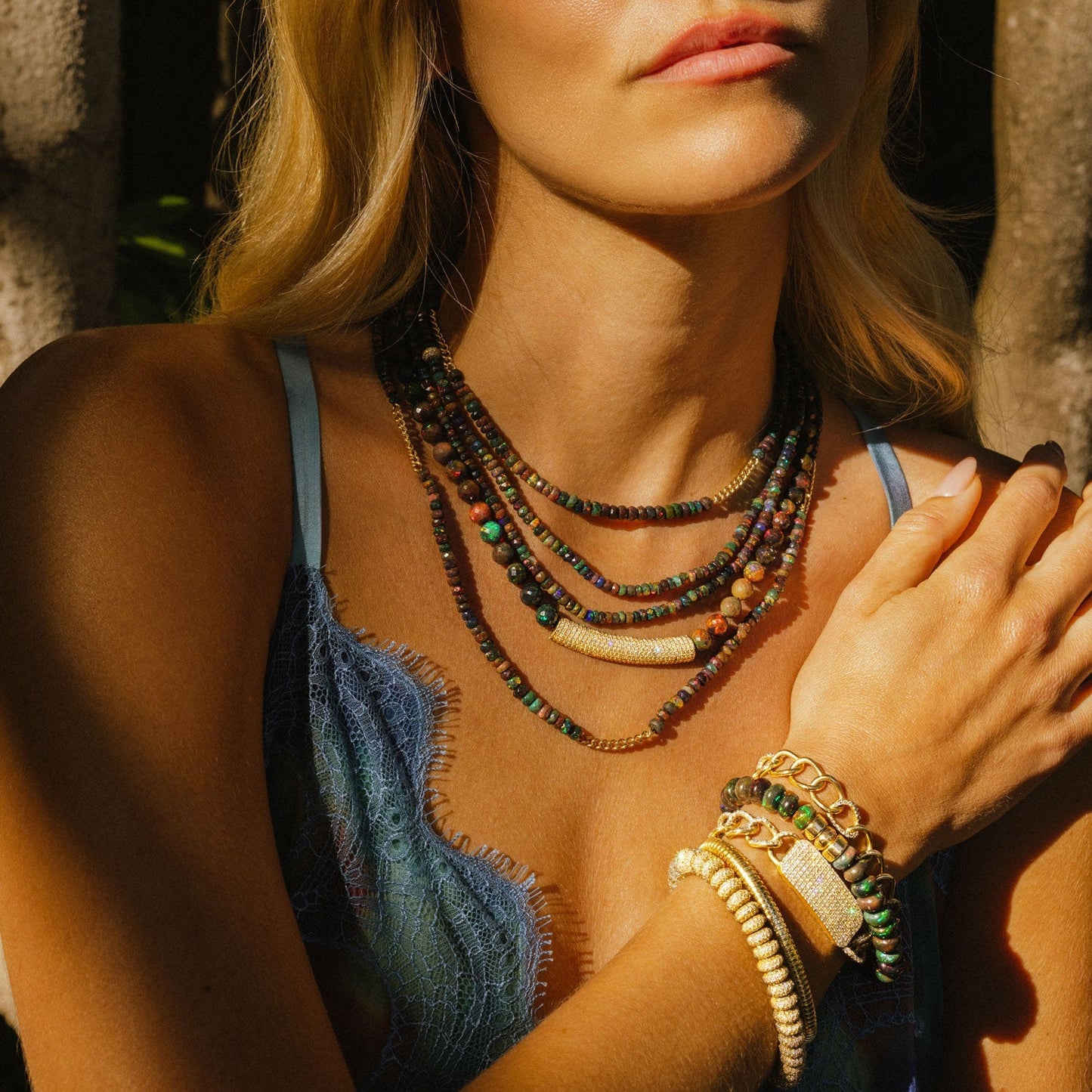 18K Black Ethiopian Opal Layering Necklace with Diamond Donuts