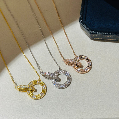 Diamor 18K Love Pendant Necklace, Double-Ring, Diamond-Paved
