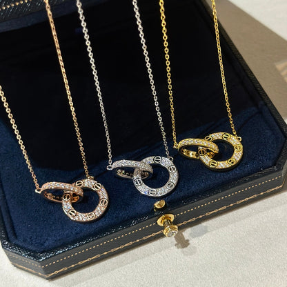 Diamor 18K Love Pendant Necklace, Double-Ring, Diamond-Paved