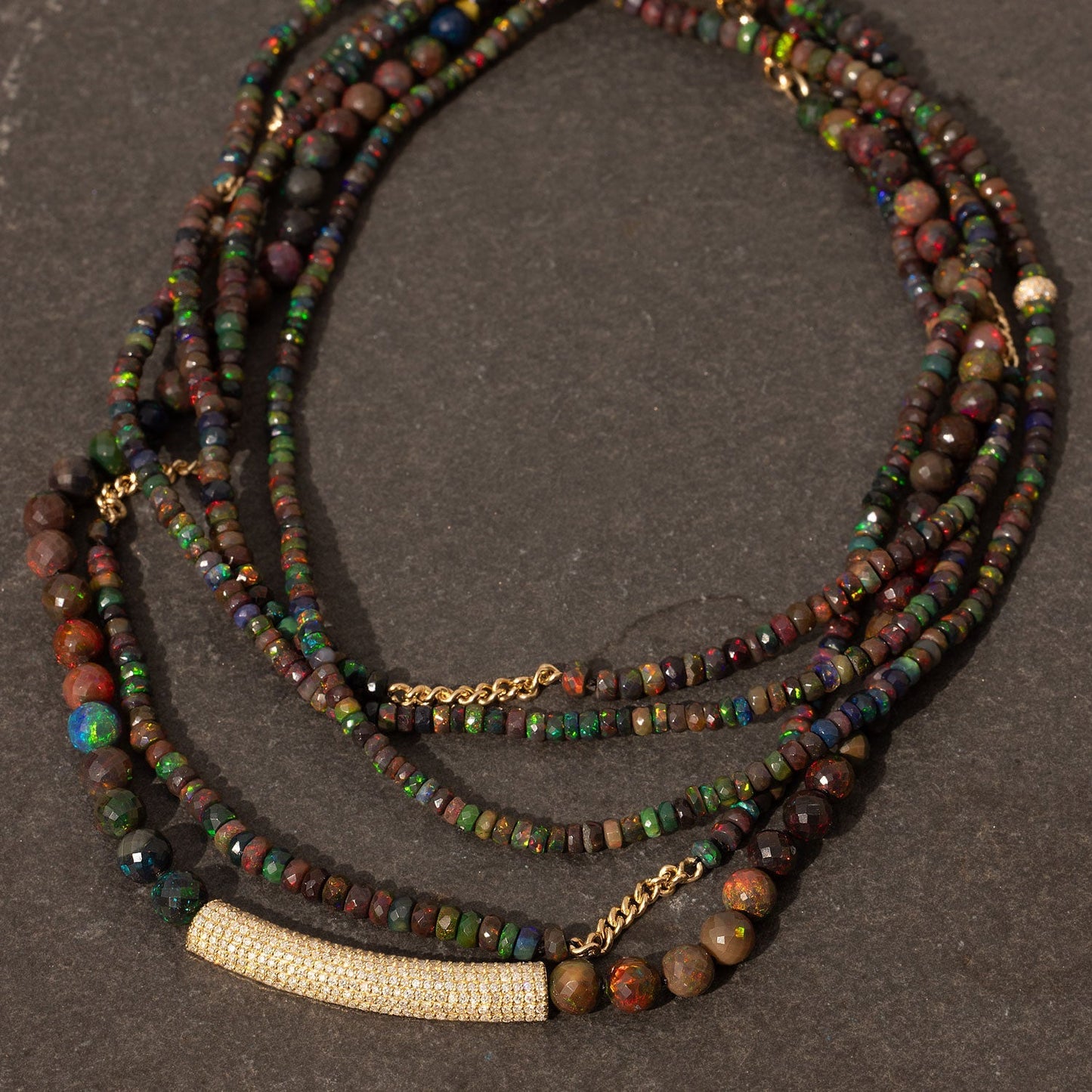 18K Black Ethiopian Opal Layering Necklace with Diamond Donuts